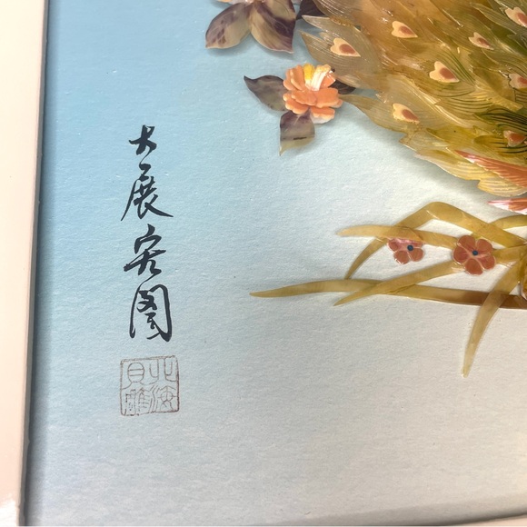 Vintage Asian Shell Art Peacock Flowers Framed Wall Art - Picture 5 of 13